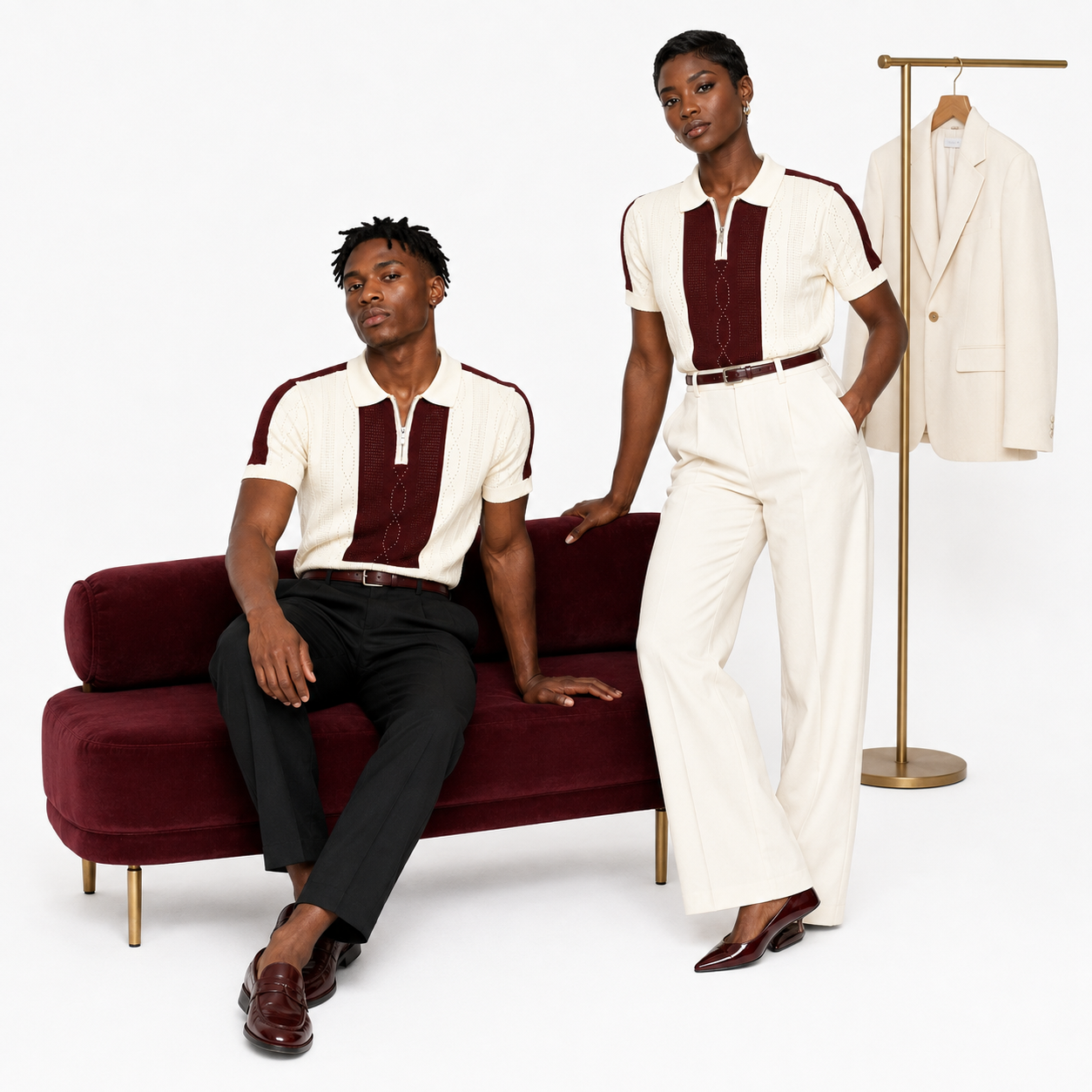 Monaco Ribbed Knit Zip Polo Tee – Cream & Maroon