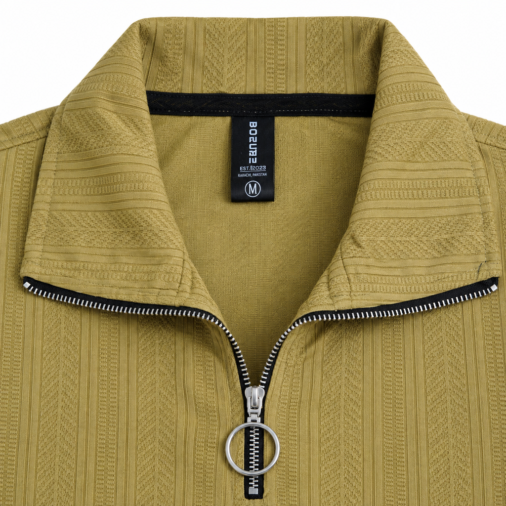 Mustard Jacquard Quarter-Zip Full Sleeve Tee | Relaxed Fit