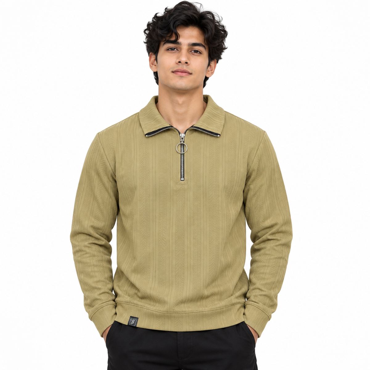 Sand Khaki Textured Half-Zip Polo Sweatshirt – Unisex