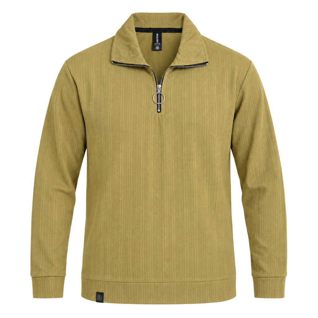 Mustard Jacquard Quarter-Zip Full Sleeve Tee | Relaxed Fit