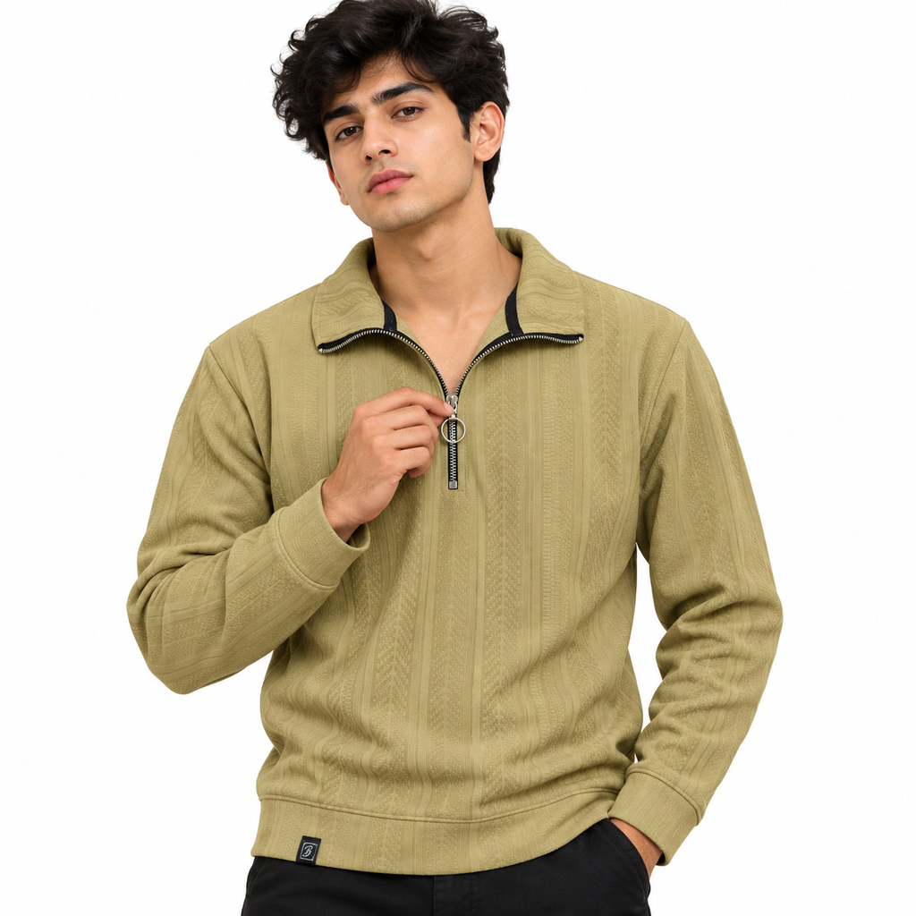 Sand Khaki Textured Half-Zip Polo Sweatshirt – Unisex