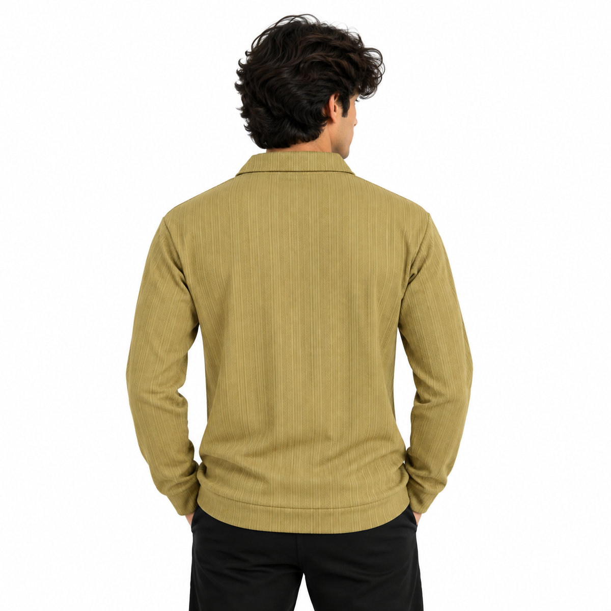 Mustard Jacquard Quarter-Zip Full Sleeve Tee | Relaxed Fit