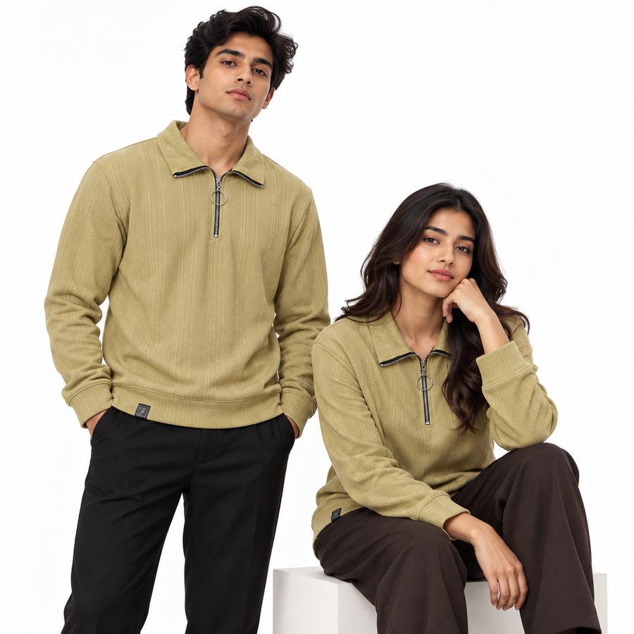 Sand Khaki Textured Half-Zip Polo Sweatshirt – Unisex