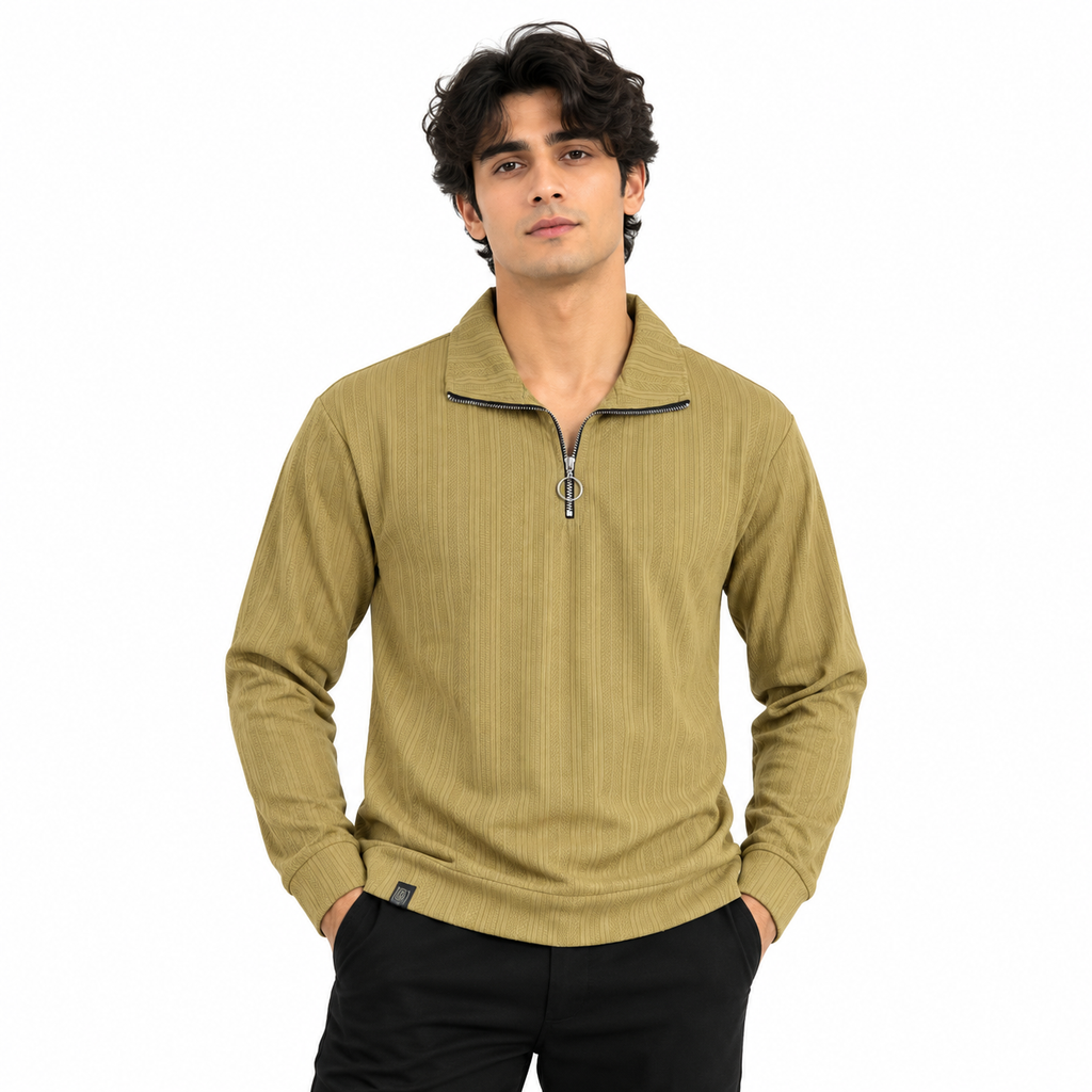 Mustard Jacquard Quarter-Zip Full Sleeve Tee | Relaxed Fit