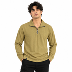 Mustard Jacquard Quarter-Zip Full Sleeve Tee | Relaxed Fit