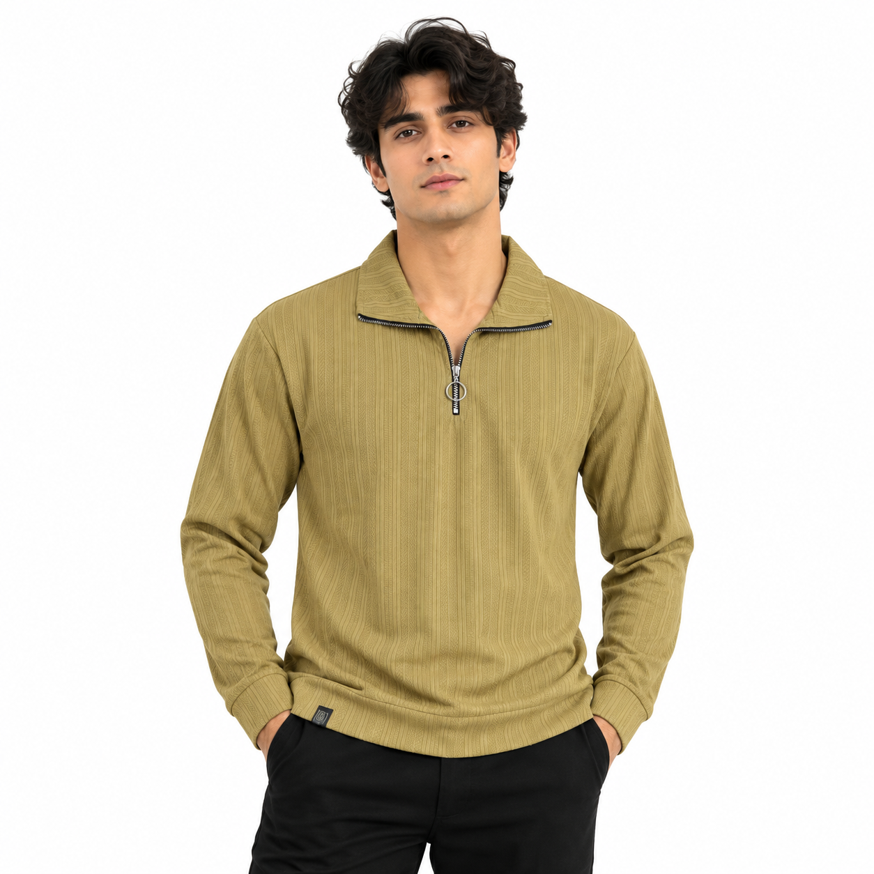 Mustard Jacquard Quarter-Zip Full Sleeve Tee | Relaxed Fit