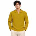 Mustard Textured Knit Polo Full Sleeve Sweatshirt – Unisex