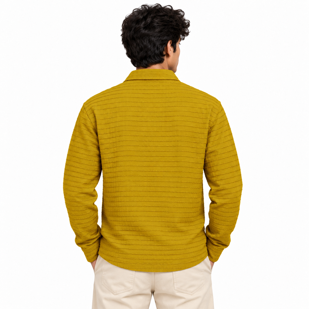 Mustard Textured Knit Polo Full Sleeve Sweatshirt – Unisex