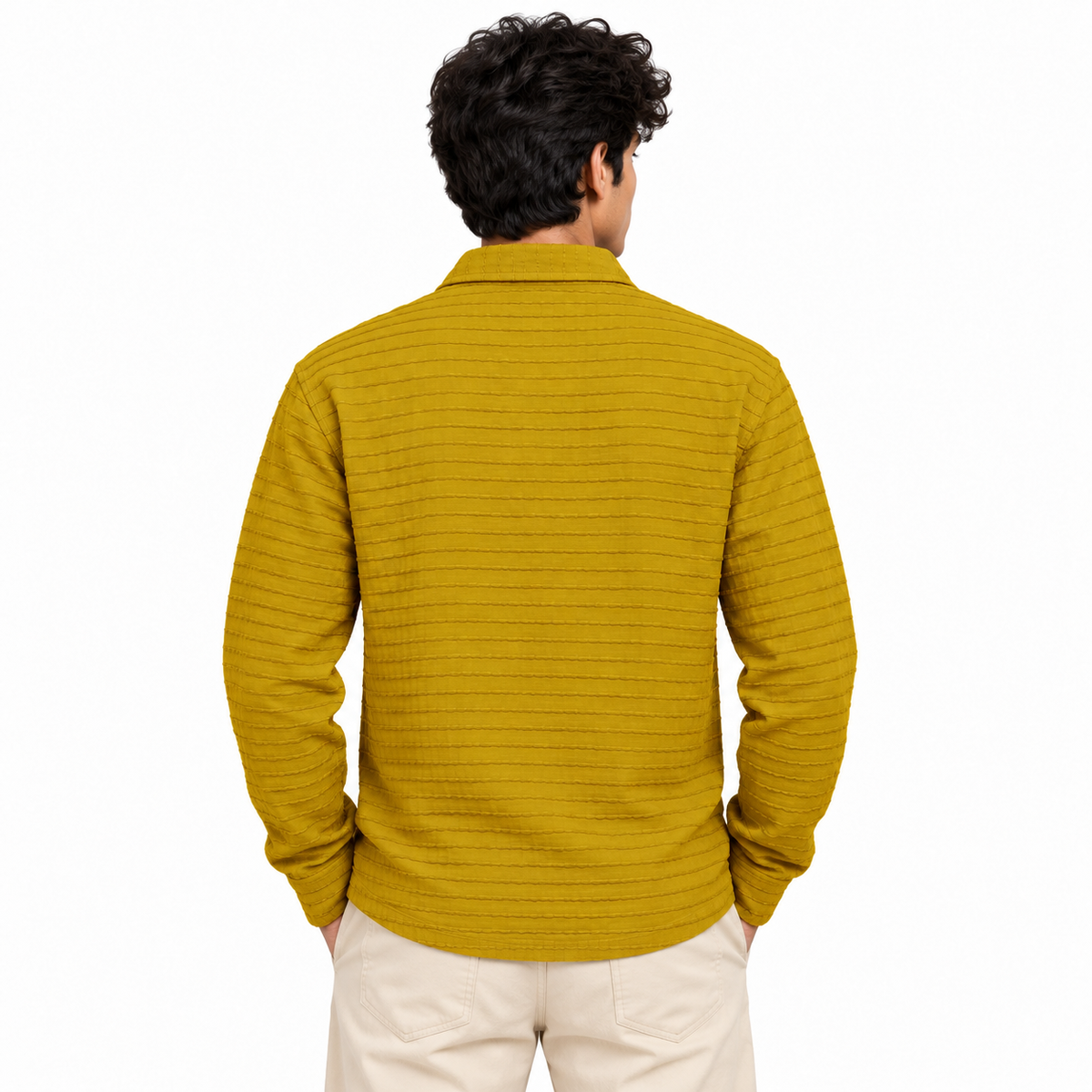 Mustard Textured Knit Polo Full Sleeve Sweatshirt – Unisex