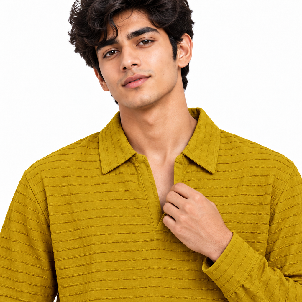 Mustard Textured Knit Polo Full Sleeve Sweatshirt – Unisex