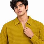 Mustard Textured Knit Polo Full Sleeve Sweatshirt – Unisex