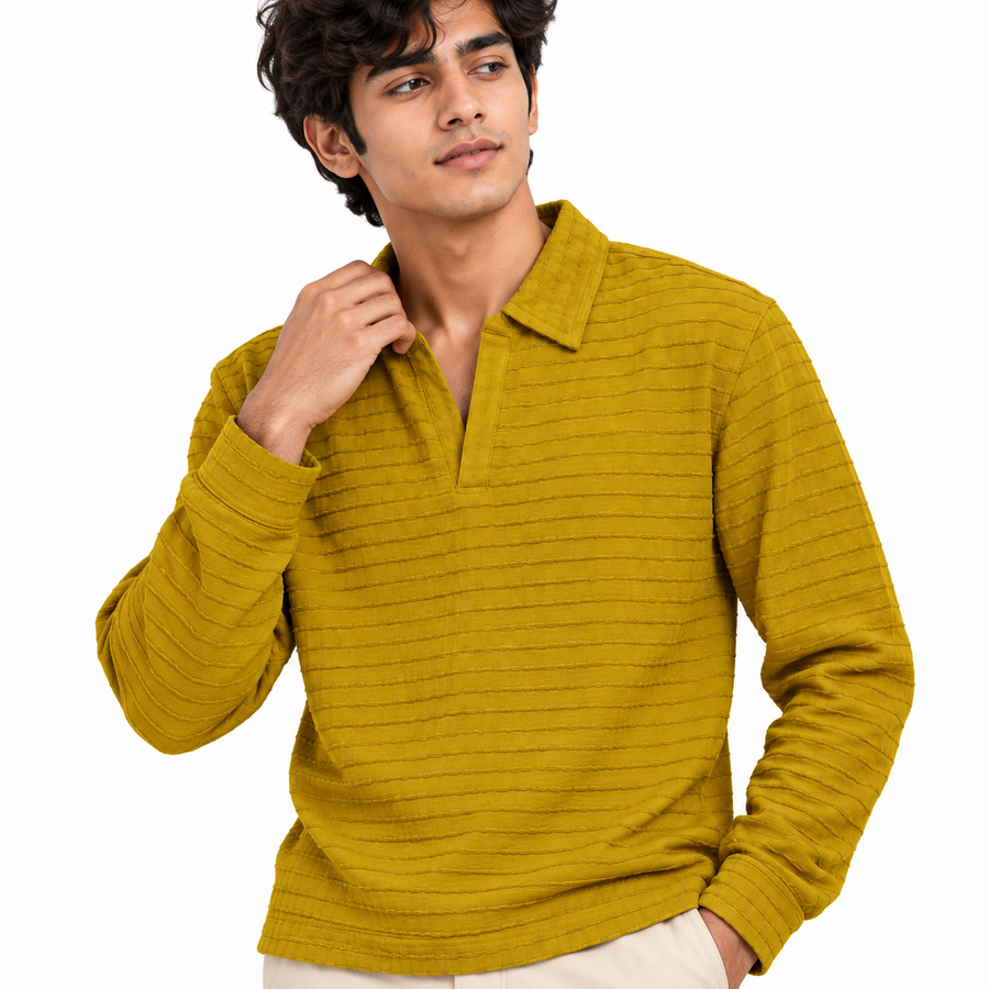 Mustard Textured Knit Polo Full Sleeve Sweatshirt – Unisex