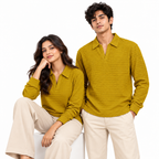 Mustard Textured Knit Polo Full Sleeve Sweatshirt – Unisex