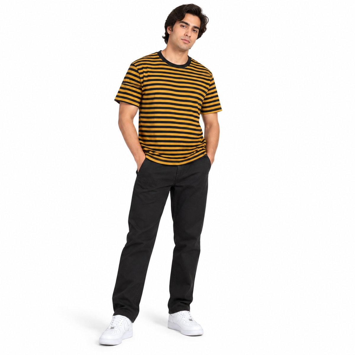 Mustard & Black Striped Drop Shoulder T-Shirt