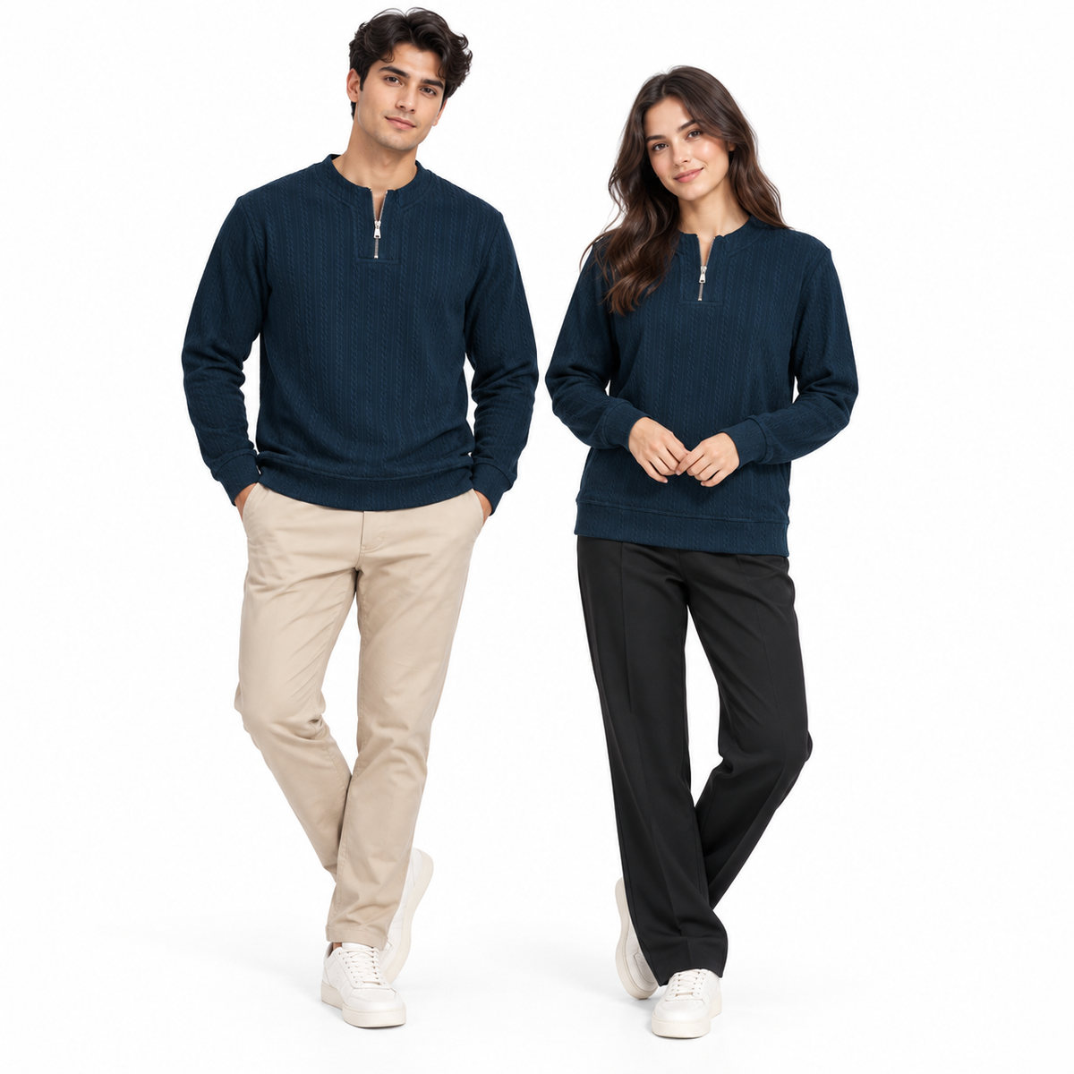 Navy Blue Ribbed Quarter-Zip Polo Tee | Smart Fit