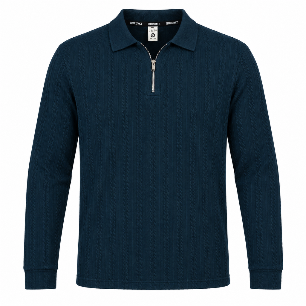 Navy Blue Ribbed Quarter-Zip Polo Tee | Smart Fit