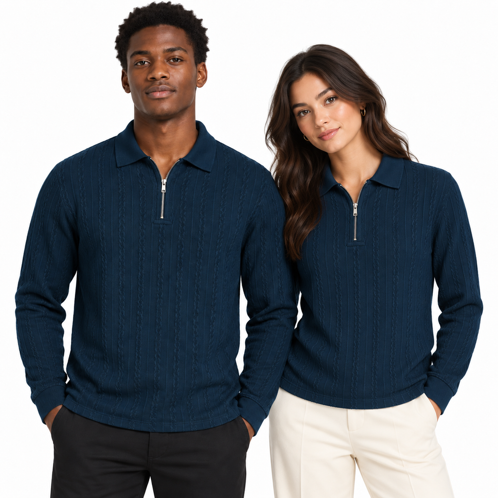 Navy Blue Ribbed Quarter-Zip Polo Tee | Smart Fit