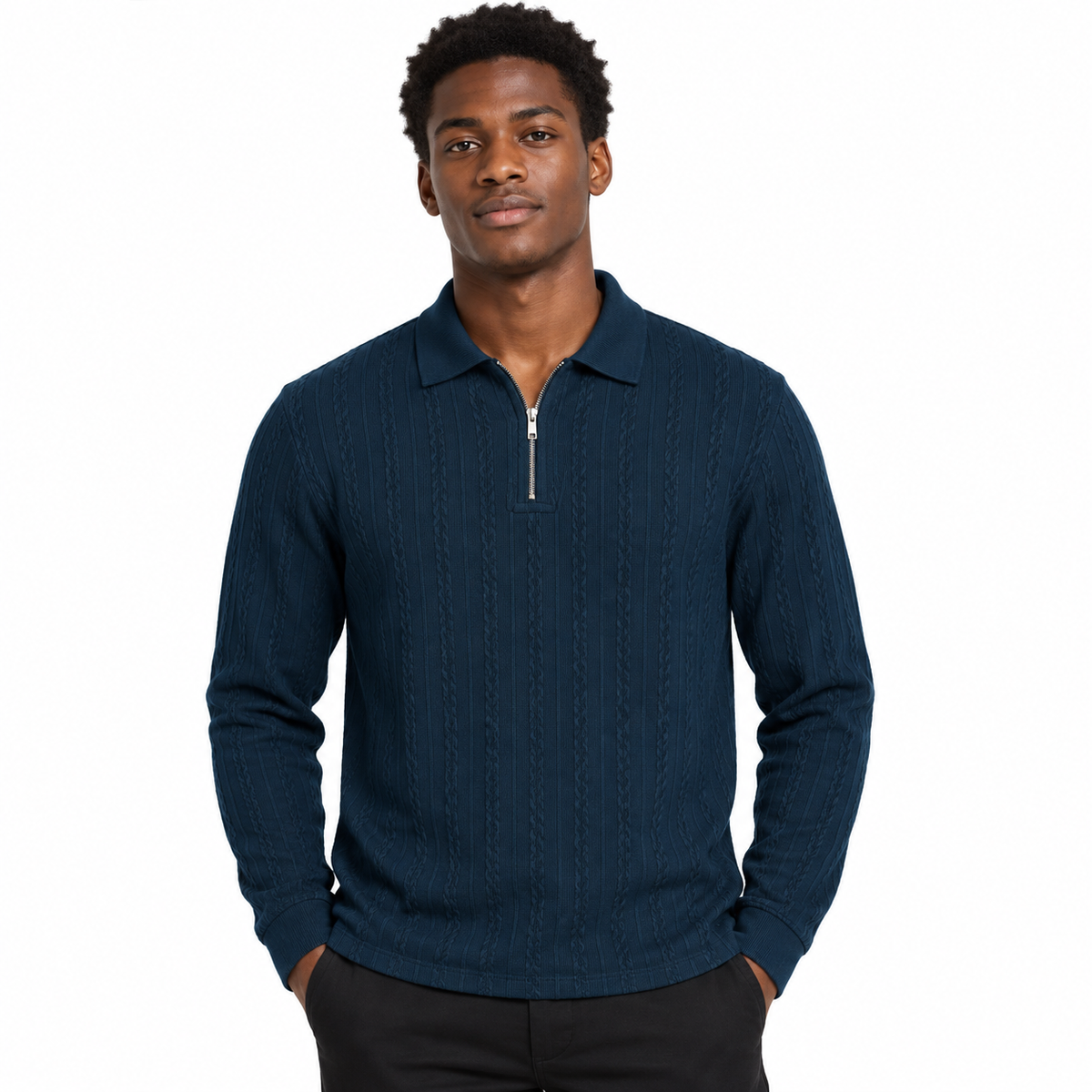 Navy Blue Ribbed Quarter-Zip Polo Tee | Smart Fit