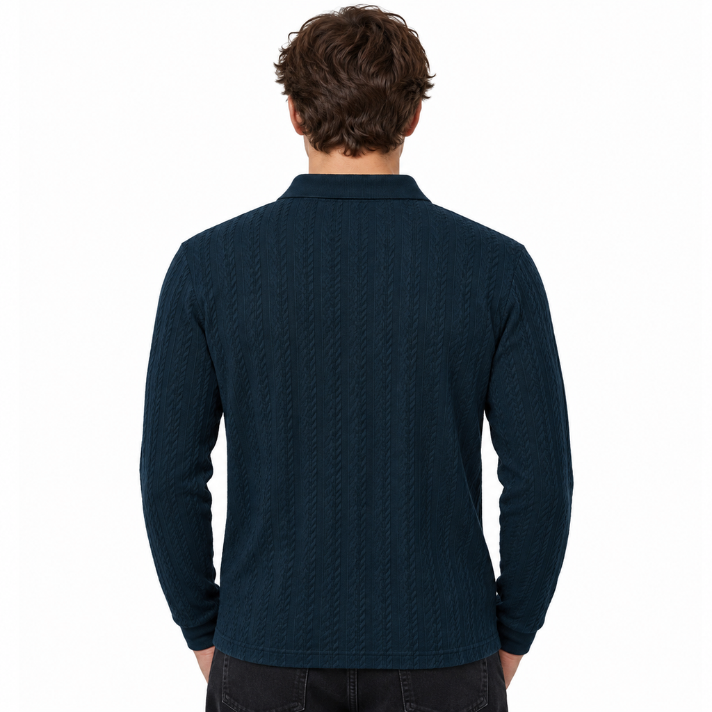 Navy Blue Ribbed Quarter-Zip Polo Tee | Smart Fit