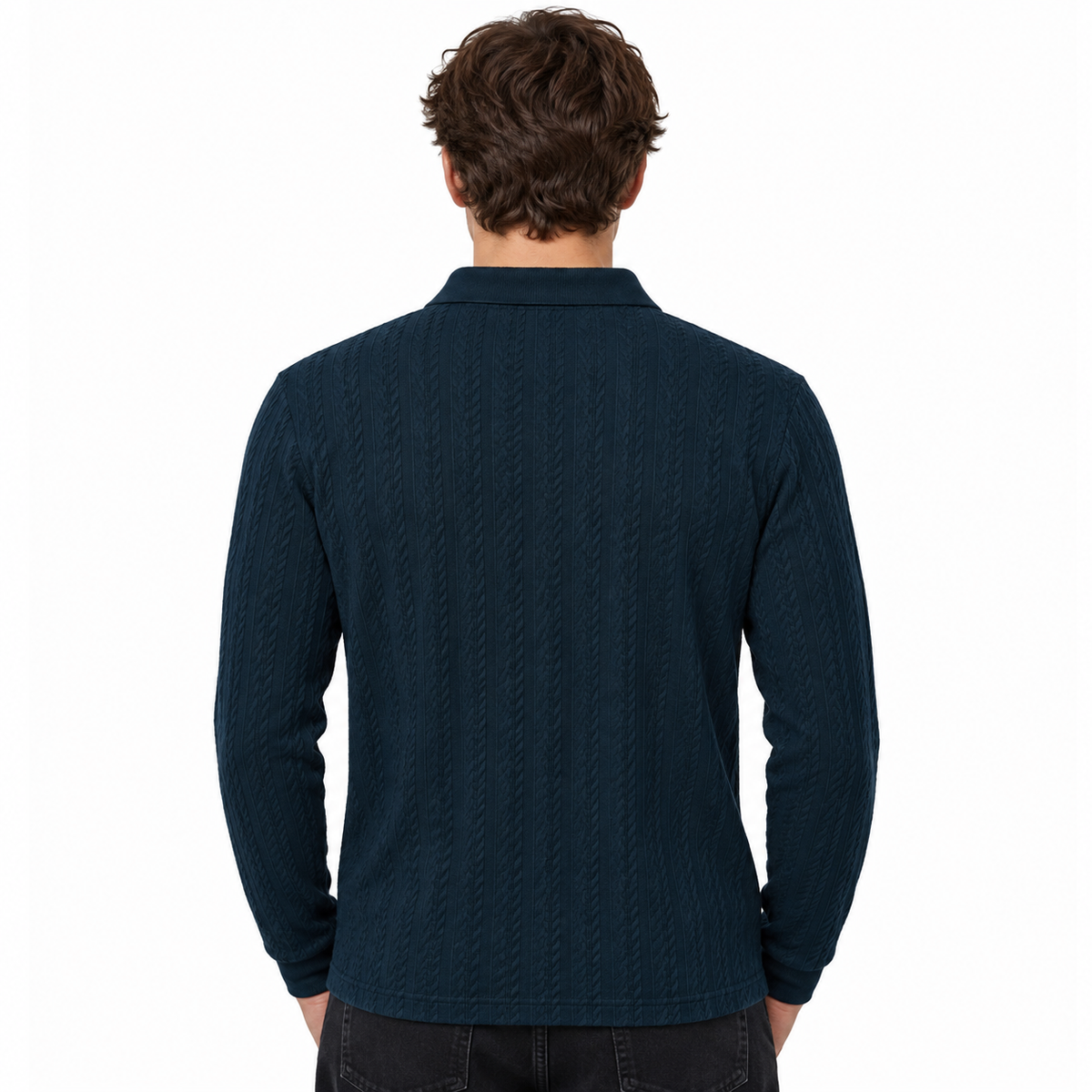 Navy Blue Ribbed Quarter-Zip Polo Tee | Smart Fit
