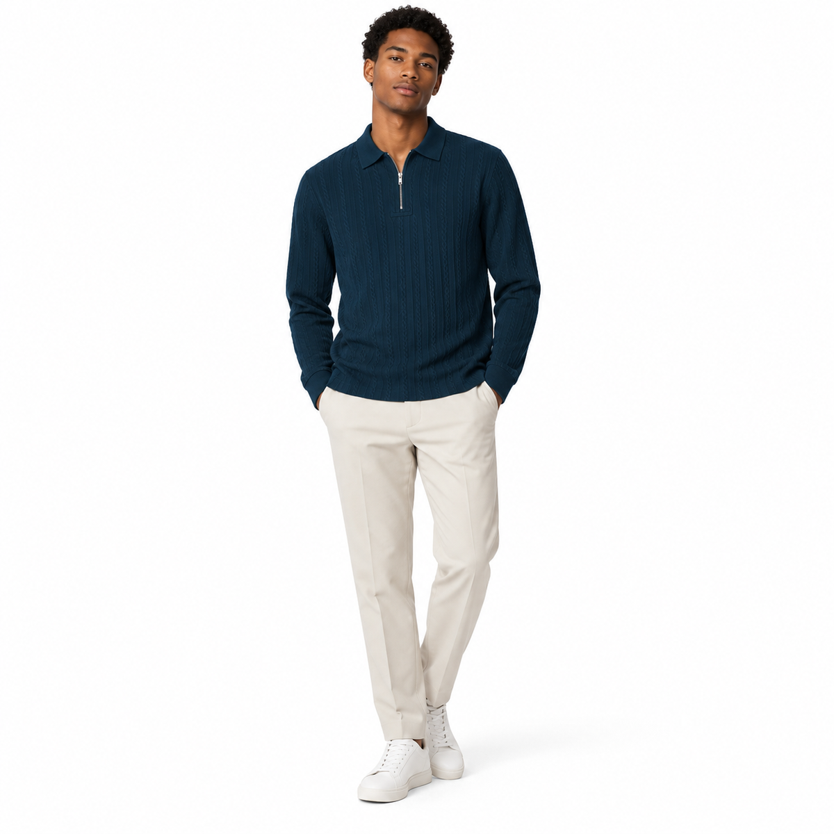 Navy Blue Ribbed Quarter-Zip Polo Tee | Smart Fit