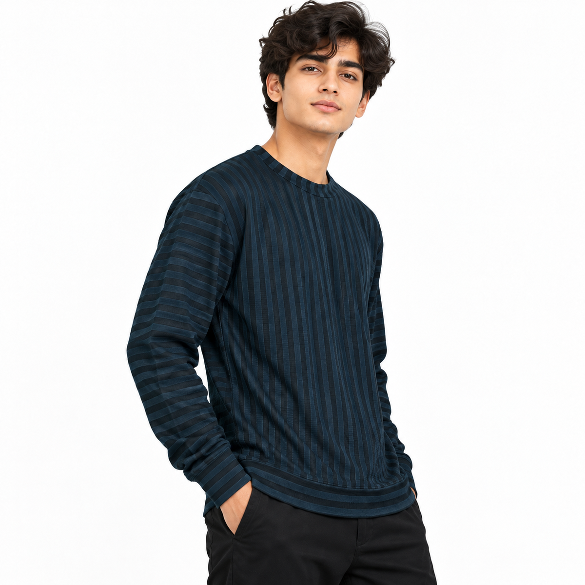Navy Blue & Black Textured Striped Crewneck Sweatshirt – Unisex