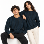 Navy Blue & Black Textured Striped Crewneck Sweatshirt – Unisex