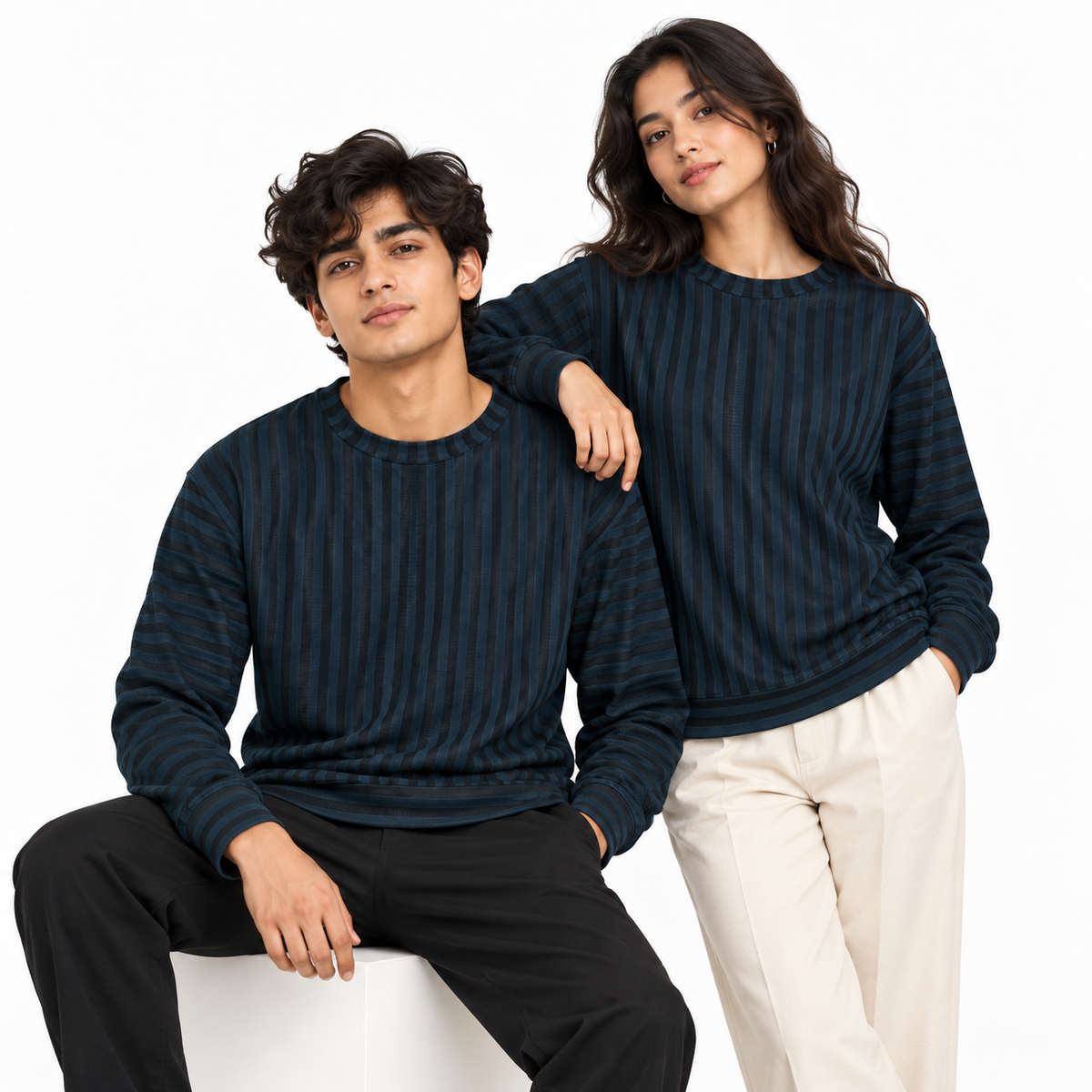 Navy Blue & Black Textured Striped Crewneck Sweatshirt – Unisex