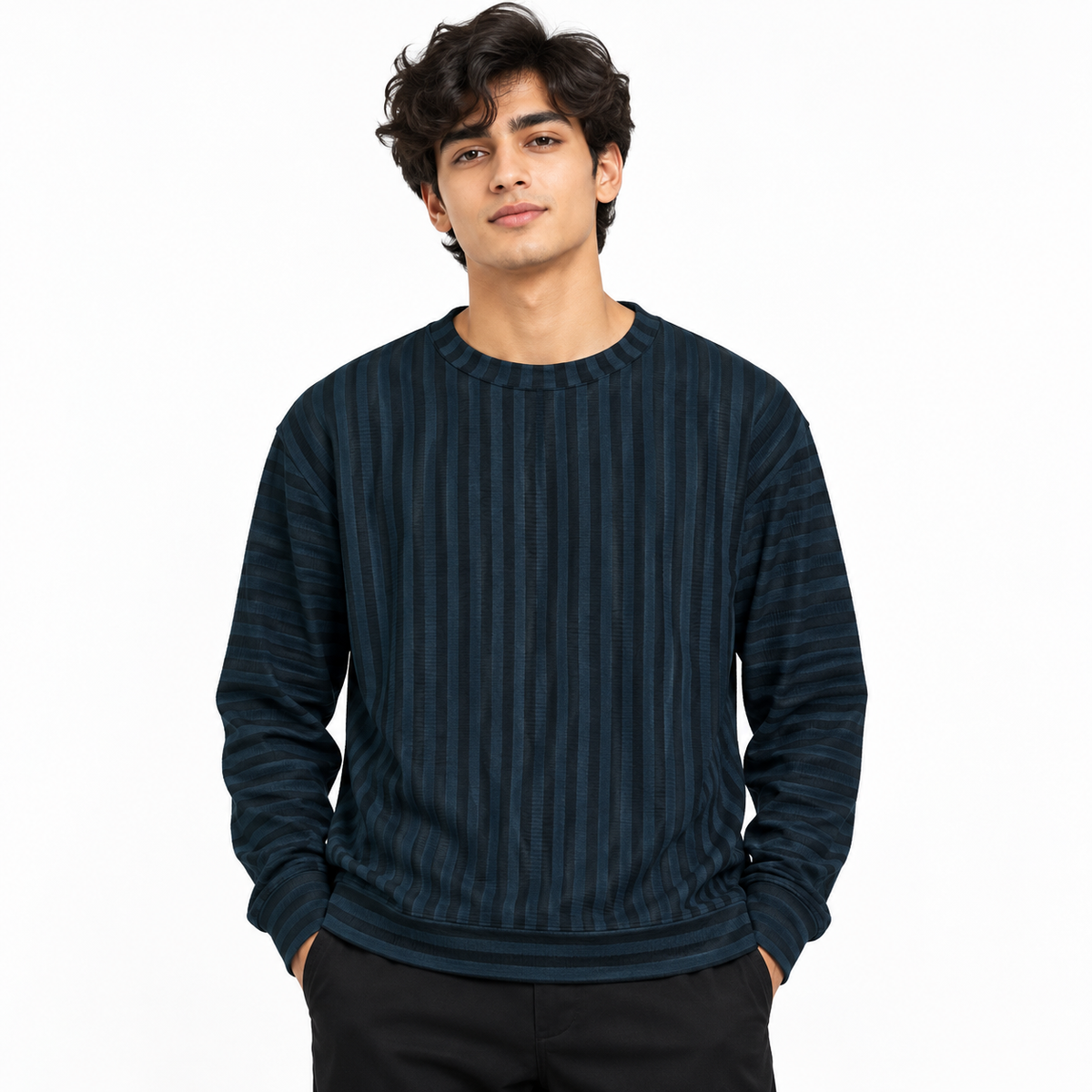 Navy Blue & Black Textured Striped Crewneck Sweatshirt – Unisex