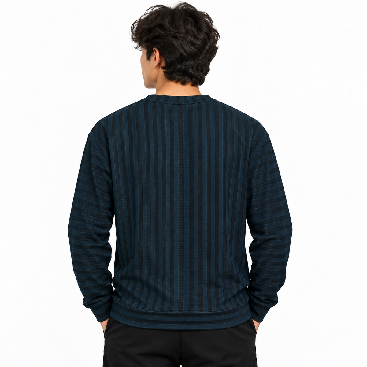 Navy Blue & Black Textured Striped Crewneck Sweatshirt – Unisex