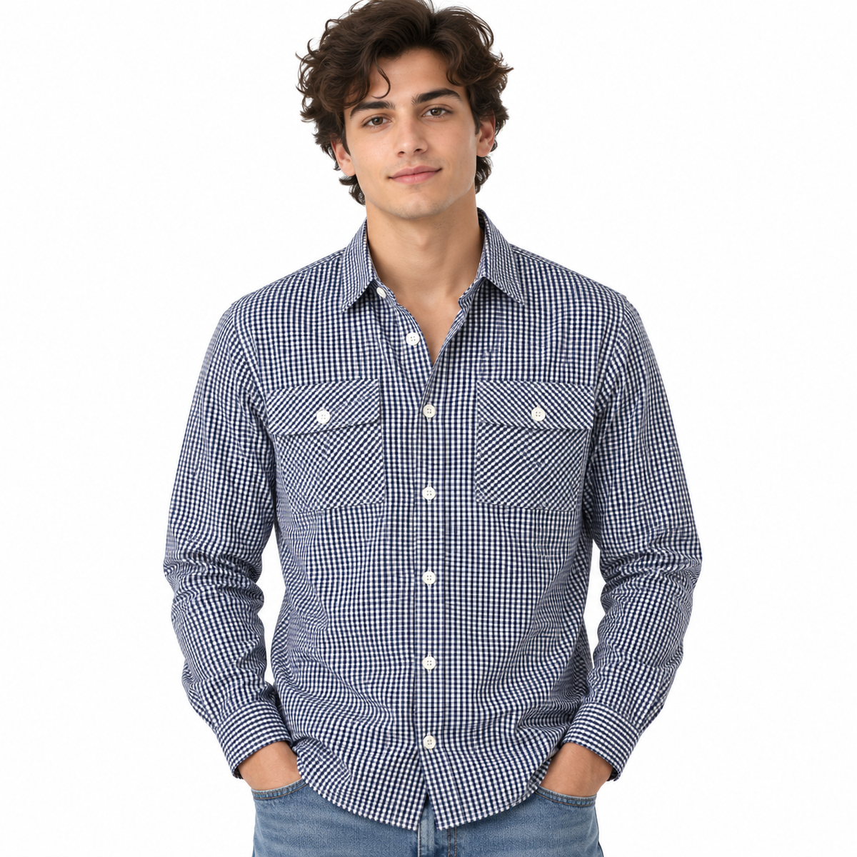 Navy Blue & White Checkered Double Pocket Shirt