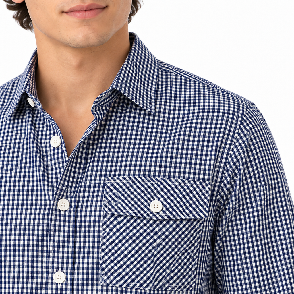 Navy Blue & White Checkered Double Pocket Shirt