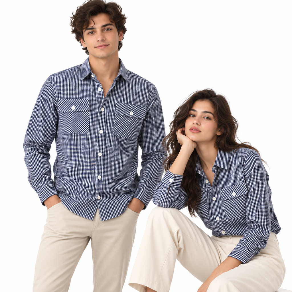 Navy Blue & White Checkered Double Pocket Shirt