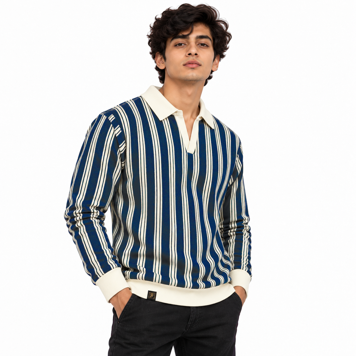 Navy & White Striped Knit Polo Sweatshirt – Unisex
