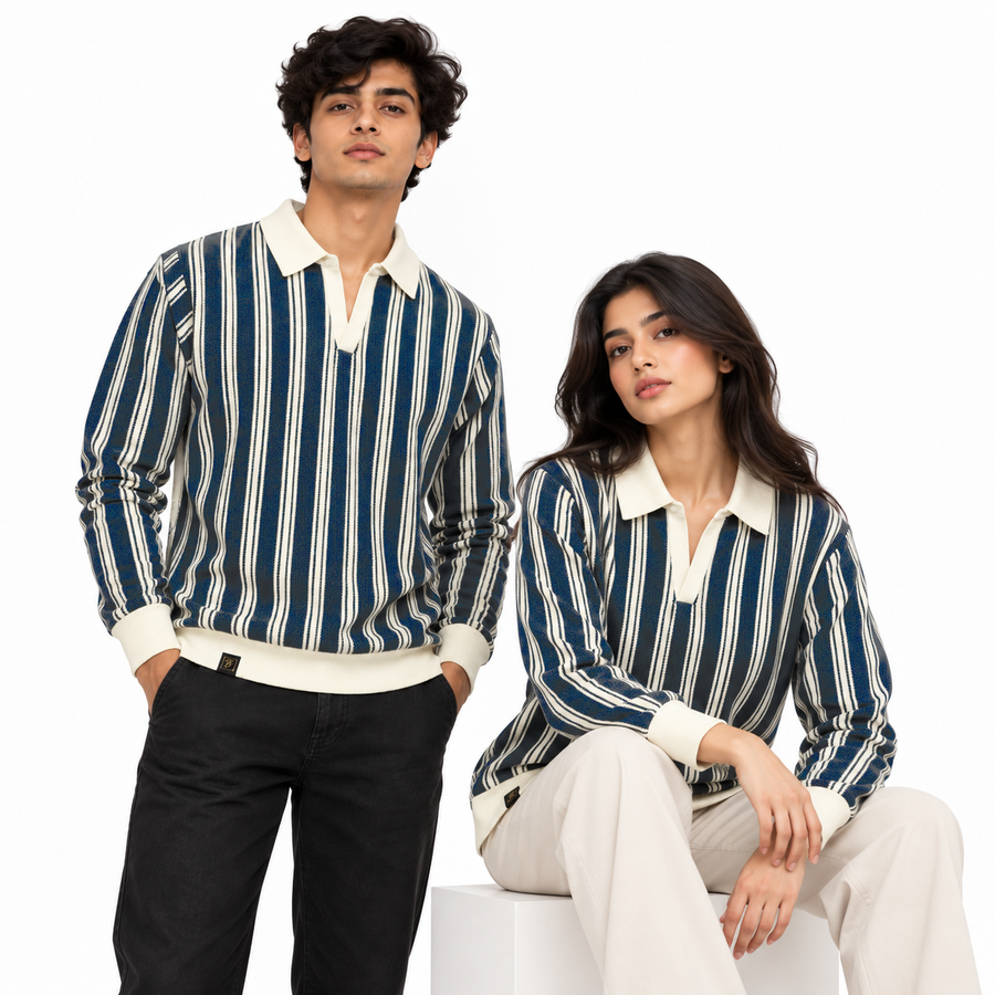 Navy & White Striped Knit Polo Sweatshirt – Unisex