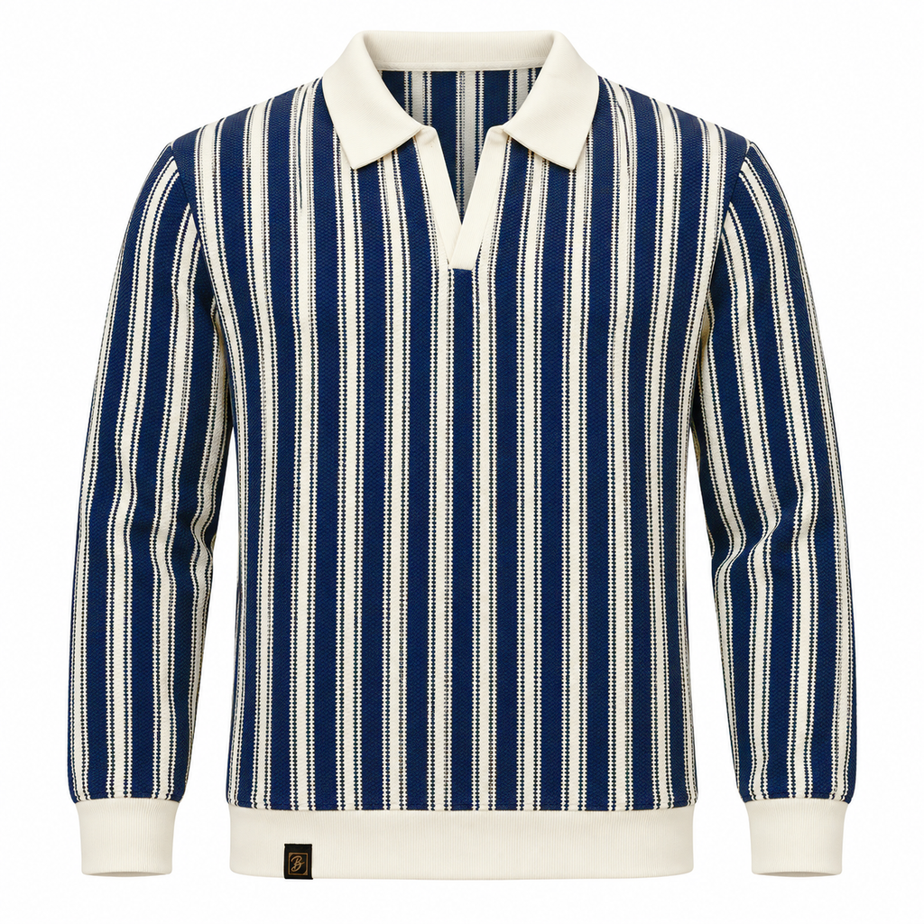 Navy & White Striped Knit Polo Sweatshirt – Unisex
