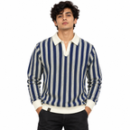 Navy & White Striped Knit Polo Sweatshirt – Unisex