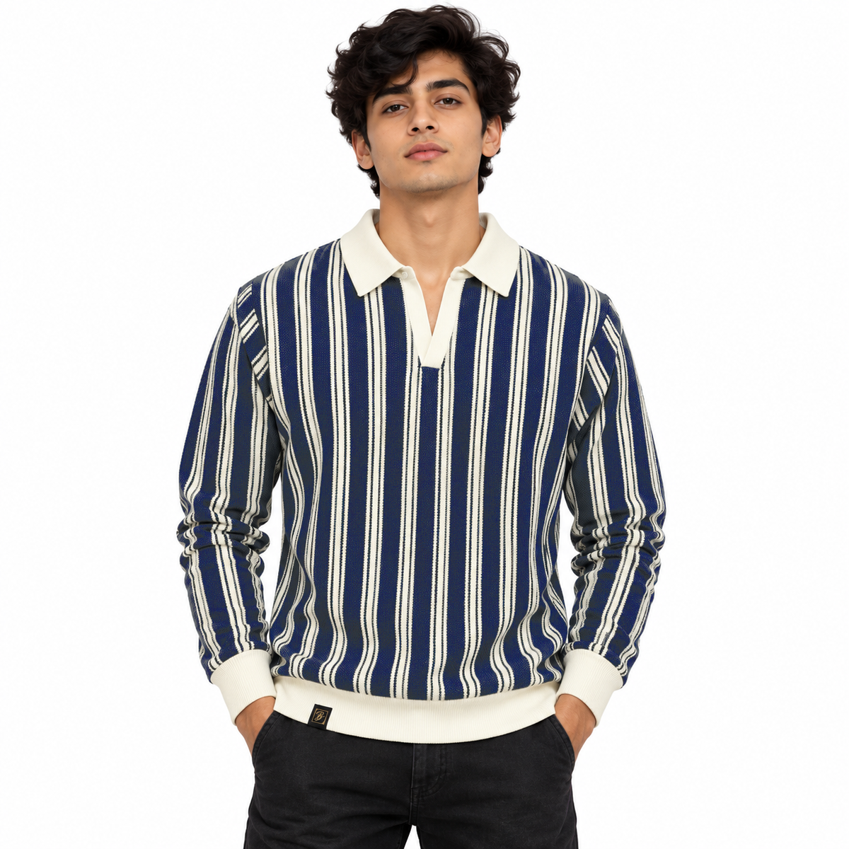 Navy & White Striped Knit Polo Sweatshirt – Unisex