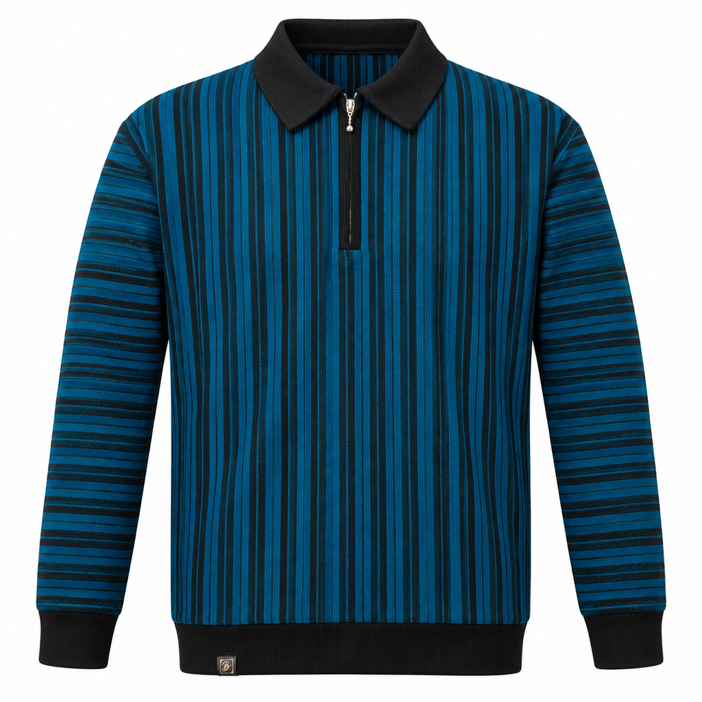 Ocean Blue & Black Striped Half-Zip Polo Sweatshirt – Unisex