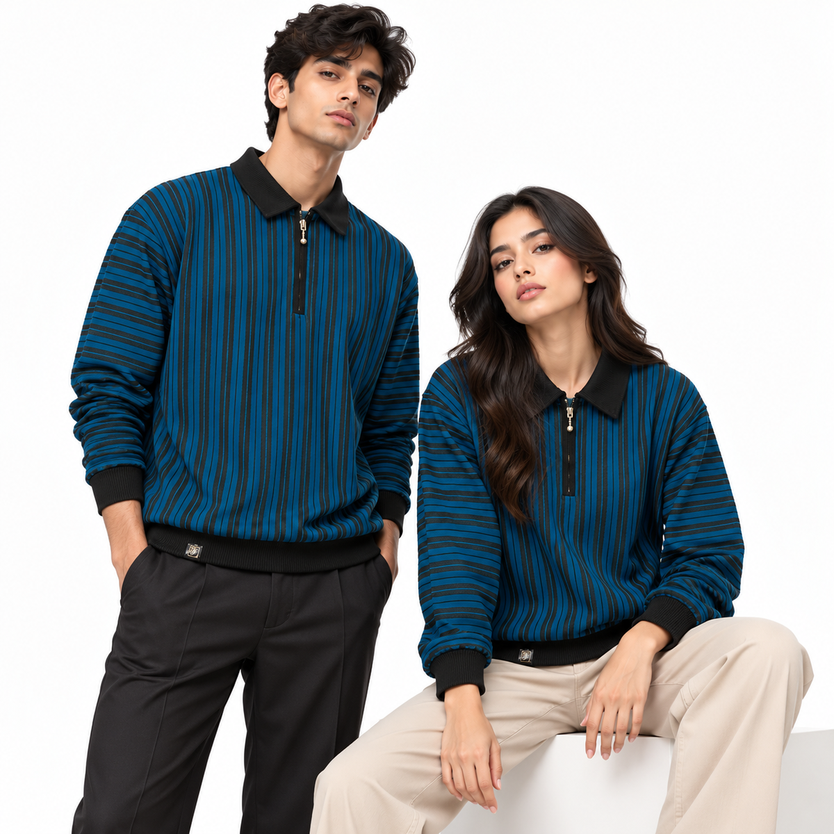 Ocean Blue & Black Striped Half-Zip Polo Sweatshirt – Unisex