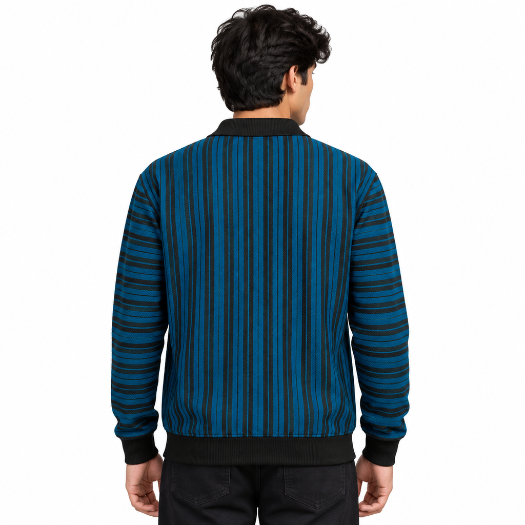 Ocean Blue & Black Striped Half-Zip Polo Sweatshirt – Unisex