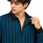 Ocean Blue & Black Striped Half-Zip Polo Sweatshirt – Unisex