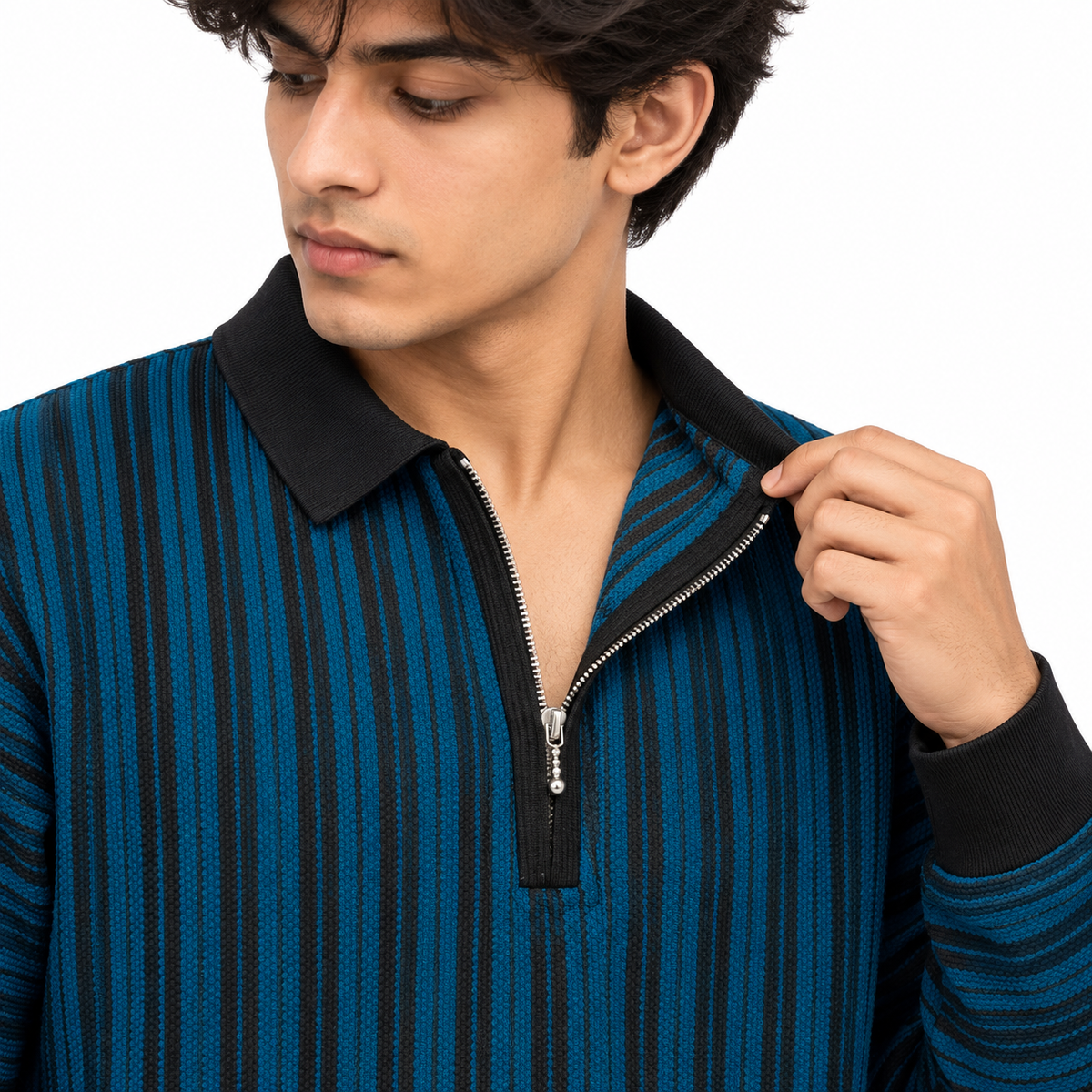 Ocean Blue & Black Striped Half-Zip Polo Sweatshirt – Unisex