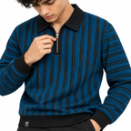 Ocean Blue & Black Striped Half-Zip Polo Sweatshirt – Unisex