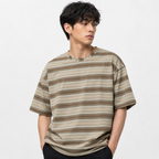 Off Shoulder Baggy T-Shirt - Multi Stripe - Brown & Beige
