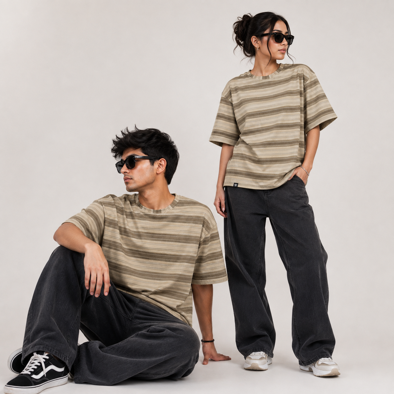 Off Shoulder Baggy T-Shirt - Multi Stripe - Brown & Beige