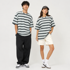 Off Shoulder Baggy T-Shirt - Multi Stripe - White & Black