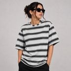 Off Shoulder Baggy T-Shirt - Multi Stripe - White & Black