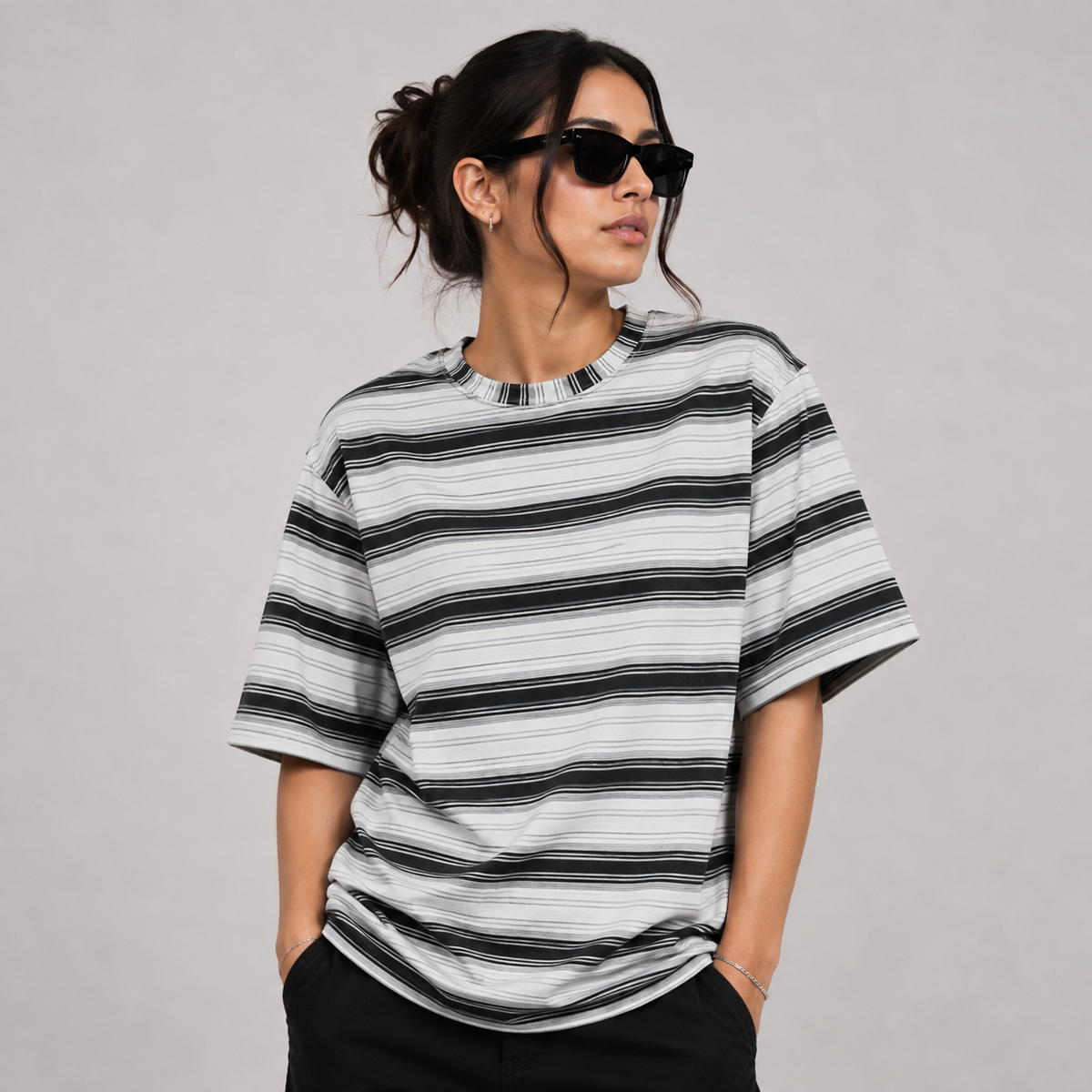 Off Shoulder Baggy T-Shirt - Multi Stripe - White & Black