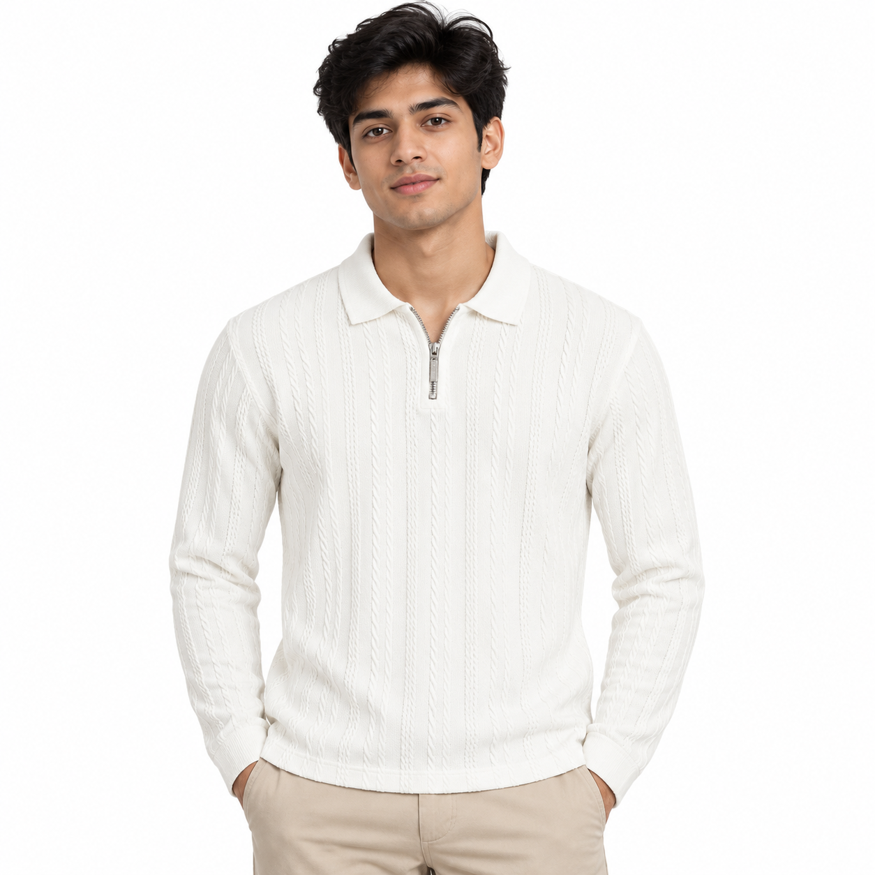 Off White Cable-Jacquard Quarter-Zip Polo Tee | Relaxed Fit